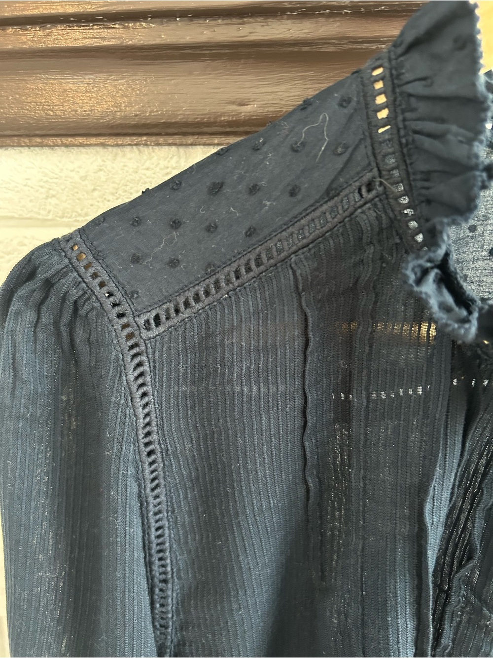 Quince Navy Ruffle Pintuck Button-Front Blouse - Picture 3 of 8